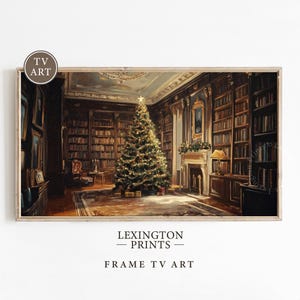Vintage Christmas TV art of a decorated Christmas tree with presents in a Victorian living room scene. It is designed as Samsung Frame TV art and features nostalgic themes of Christmas and winter. The shop name Lexington Prints is written