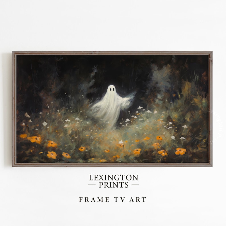 Vintage Halloween Frame TV art for Samsung Frame TV set of 18. This is a bundle of spooky Halloween TV art of jack o lanterns, ghosts, witches, pumpkins, etc and is meant to be displayed in a Frame TV. The shop name Lexington Prints is listed beneath