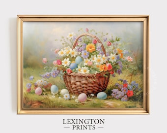 May include: A vintage painting of a wicker basket overflowing with colorful spring flowers and decorated with Easter eggs. The basket is surrounded by a lush green meadow with more flowers.