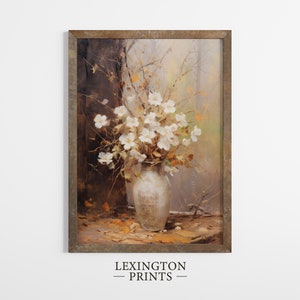 Fall Vintage fall botanical wall art flower painting oil painting art print displayed in an antique frame against a white background. The painting features intricate brushwork and colors. The shop name Lexington Prints is written out beneath