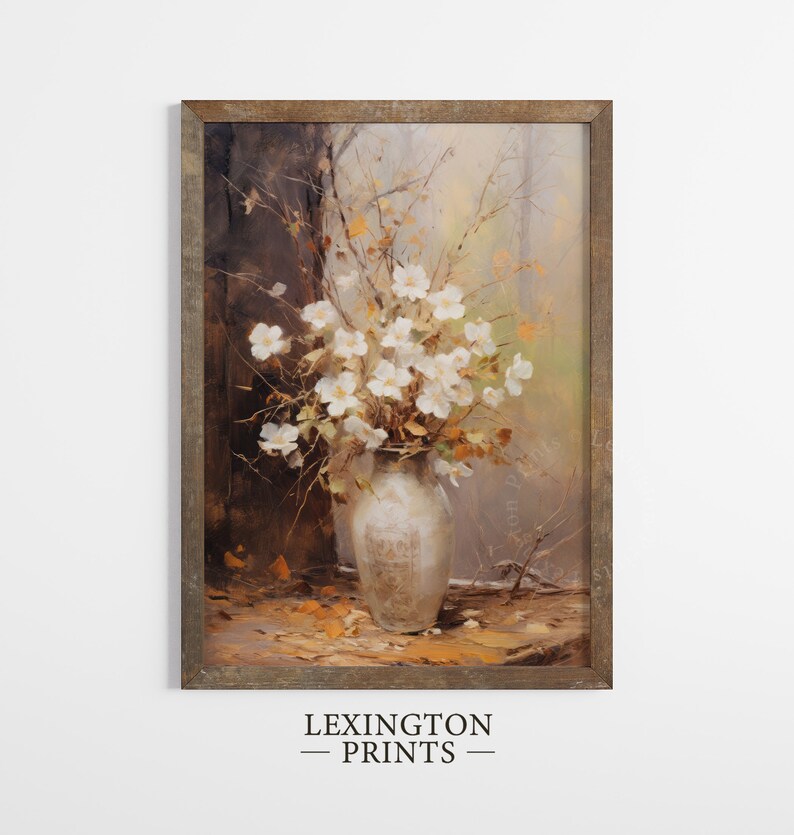 Fall Vintage fall botanical wall art flower painting oil painting art print displayed in an antique frame against a white background. The painting features intricate brushwork and colors. The shop name Lexington Prints is written out beneath