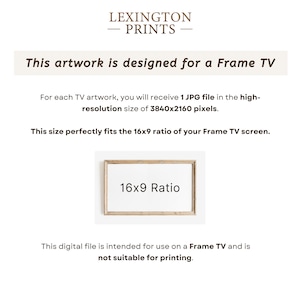 This image describes how the artwork is designed for a Frame TV. You receive a JPG file in a 16x9 ratio of 3840 x 2160 pixels, which perfectly fits your Frame TV screen.