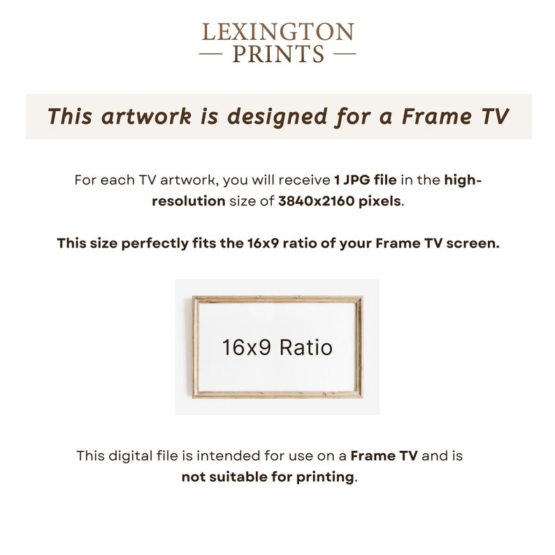 This image describes how the artwork is designed for a Frame TV. You receive a JPG file in a 16x9 ratio of 3840 x 2160 pixels, which perfectly fits your Frame TV screen.