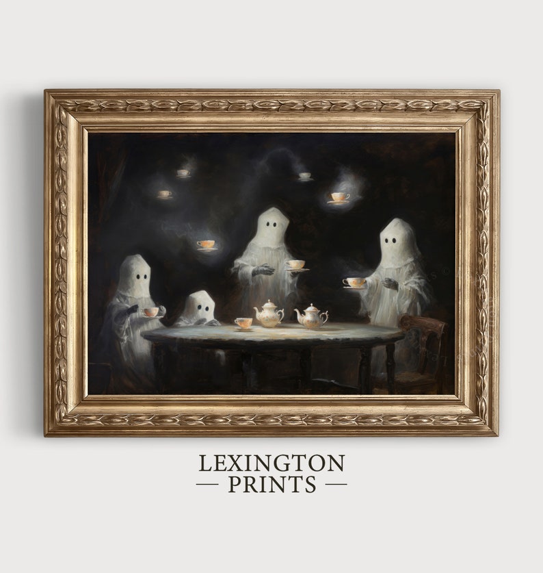 Vintage ghost painting oil painting art print displayed in an antique frame against a white background. The painting features intricate brushwork and colors. The shop name Lexington Prints is written out beneath the wall art frame.