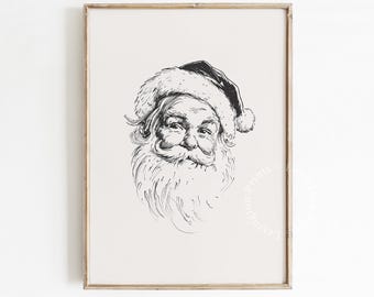 Szkic Świętego Mikołaja w stylu vintage, świąteczna grafika ścienna do druku, świąteczna grafika ścienna, zimowa dekoracja domu, minimalistyczny rysunek Świętego Mikołaja, cyfrowa sztuka 1344