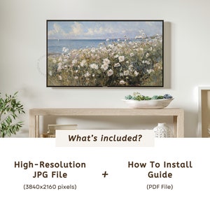 Vintage Summer Frame TV art for Samsung Frame TV of a floral neutral wildflower field. This Spring wall art decor is meant to be displayed in a Frame TV. It can also be used as Spring decor. The shop name Lexington Prints is listed below