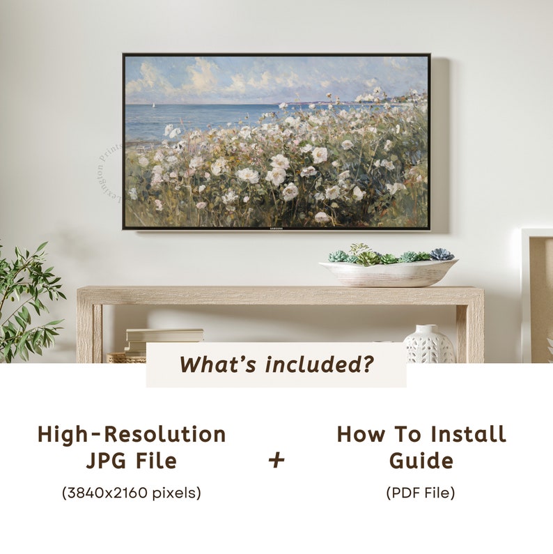 Vintage Summer Frame TV art for Samsung Frame TV of a floral neutral wildflower field. This Spring wall art decor is meant to be displayed in a Frame TV. It can also be used as Spring decor. The shop name Lexington Prints is listed below