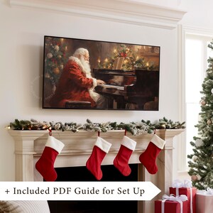 Vintage Christmas winter Santa Claus playing piano music art Frame TV art for Samsung Frame TV. This Christmas wall art decor is meant to be displayed in a Frame TV. The shop name Lexington Prints is listed below the frame where the art mockup is.
