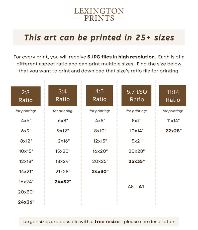 Image details how sizing works for the art print. Each print contains 5 different sizes. For every print, you will receive 5 JPG files in high resolution, each with a slightly different crop. The print comes in 2x3 ratio, 3x4 , 4x5, 5x7, + 11x14