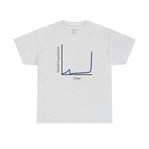 May include: A light gray t-shirt featuring a blue graph depicting world population growth over time. The graph shows a steady increase followed by a sharp rise. The words "World Population" and "Time" are also printed on the shirt.