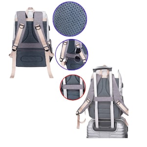 May include: Gray and beige backpack with adjustable straps. The backpack has a mesh panel on the back and a zippered pocket on the front. The backpack can be attached to a suitcase handle.