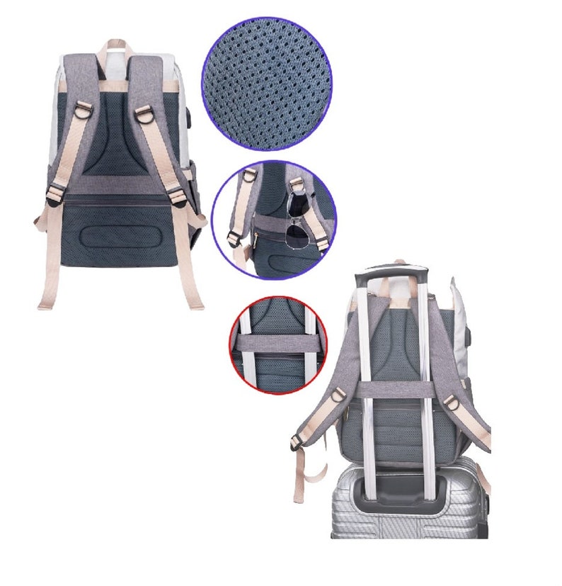 May include: Gray and beige backpack with adjustable straps. The backpack has a mesh panel on the back and a zippered pocket on the front. The backpack can be attached to a suitcase handle.