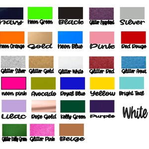 May include: A chart of 24 different color swatches, including navy, neon green, black, glitter eggplant, silver, neon orange, gold, neon blue, pink, red rouge, glitter silver, glitter gold, glitter white, glitter red, glitter aqua, neon pink, avocado, royal blue, yellow, bright teal, lilac, rose gold, kelly green, purple, glitter kelly green, glitter pink, and beige. The color swatches are arranged in a grid of 4 rows and 6 columns. The word "White" is written in large letters at the bottom right of the chart.