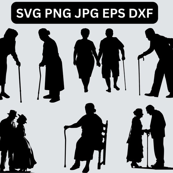 Elderly Couple SVG, Old People SVG, Grandma Svg, Grandpa Svg, Cute old happy Couple Clipart PNG, Gift for romantic grandparents