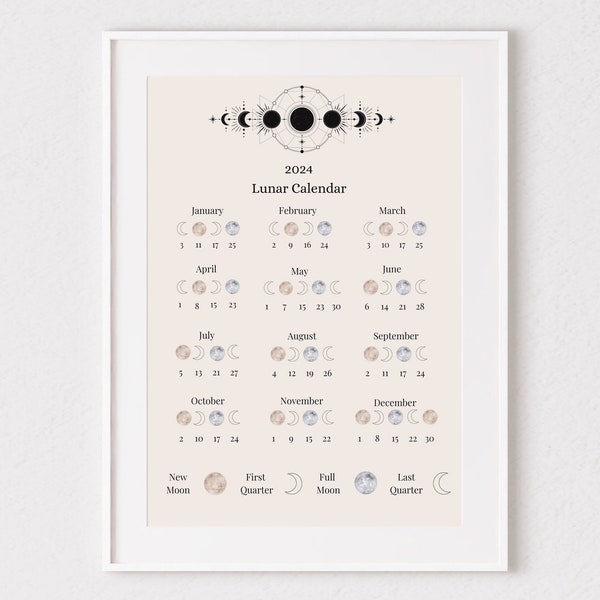 2024 Lunar Calendar Printable | Moon Phase Calendar | Digital Download