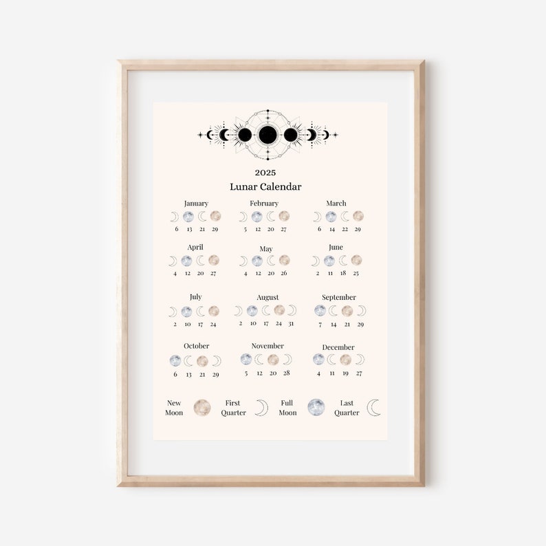 2025 Lunar Calendar Printable Moon Phase Calendar Digital Download Etsy