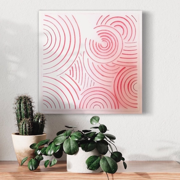 CIRCLES - Œuvre originale - Tableau abstrait en 3D rose et rouge