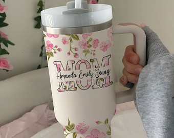 Personalized Mom Tumbler 40oz, Mom Tumbler with Kid Names, Tumbler with Handle and Straw, Custom Floral Tumbler for Mom, Mother's Day Cup