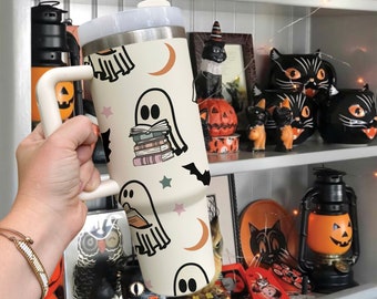 Ghost Reading Tumbler 40oz With Handle, Funny Halloween Ghost Tumbler, Cute Spooky Tumbler With Lid and Straw, Halloween Bookish 40oz Bottle