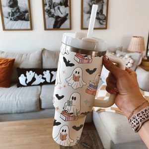 Cute Ghost Reading Tumbler 40oz, Halloween Bookish 40oz Tumbler, Funny Reader Stainless Steel Tumbler with Lid and Straw, Halloween 40oz Cup