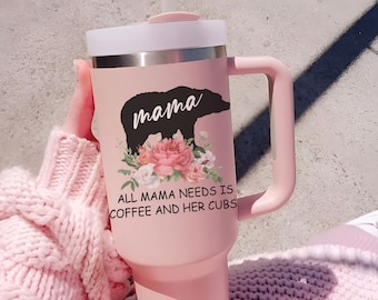 Personalized Mama Bear Tumbler 40oz, Mama Bear with Cubs Custom Name Cup, Cute Gift for Mom, Mama Bear Gift for Mother's Day