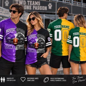 May include: Two split-colour football jerseys featuring a House Divided graphic with two helmets and a football on the front. The back displays custom names and numbers. One jersey is purple and black, the other is green and yellow with white stripes.