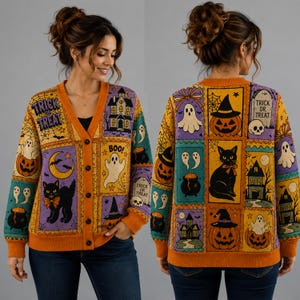 May include: A long-sleeve button-down cardigan featuring a vibrant Halloween-themed patchwork print. The design includes illustrations of black cats, pumpkins, ghosts, haunted houses, and tombstones with the text Trick or Treat and Boo.