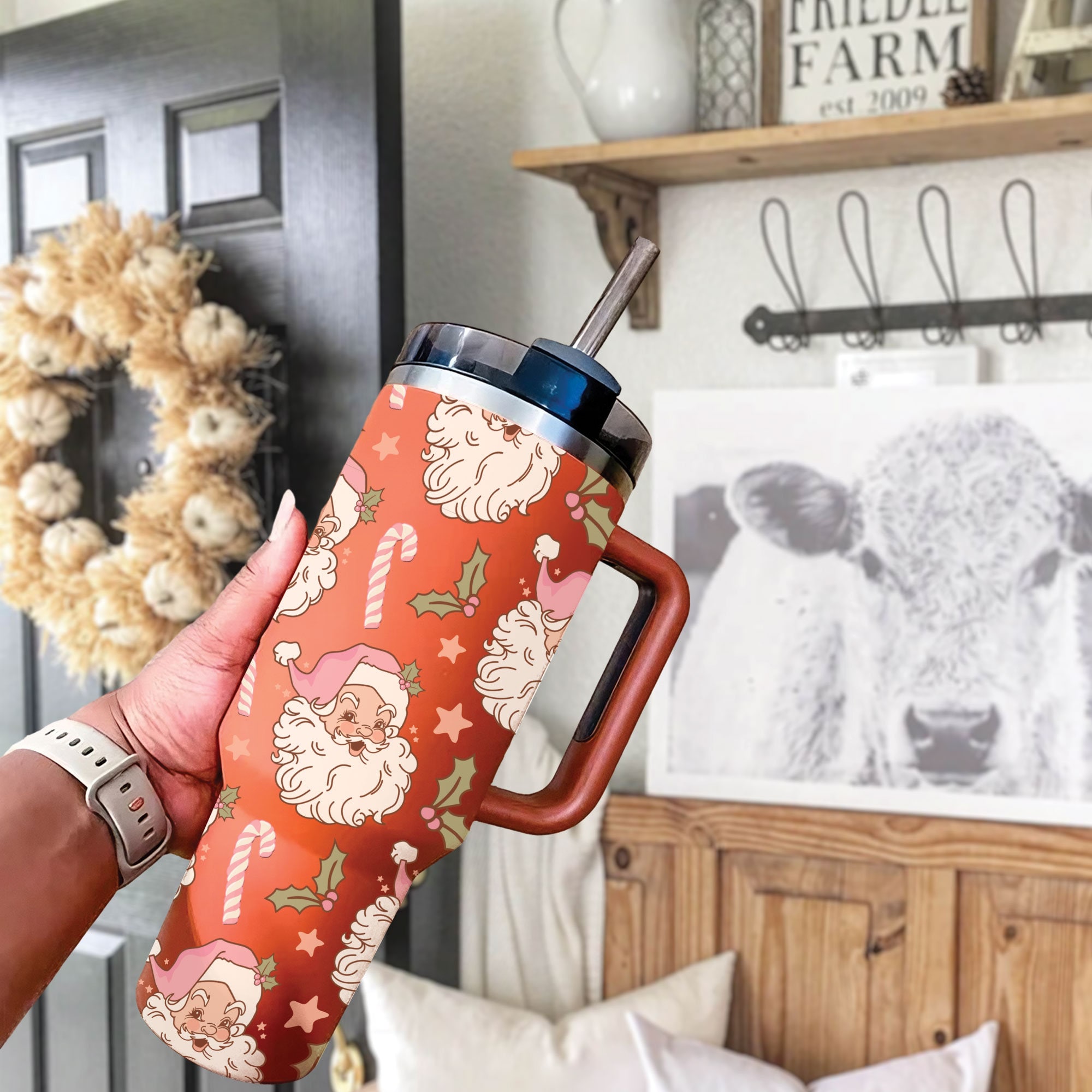Christmas Pink Santa Claus 40oz Tumbler, Retro Santa Christmas Tumbler, Christmas Family Trip Tumbler, Stainless Steel Tumbler with Straw