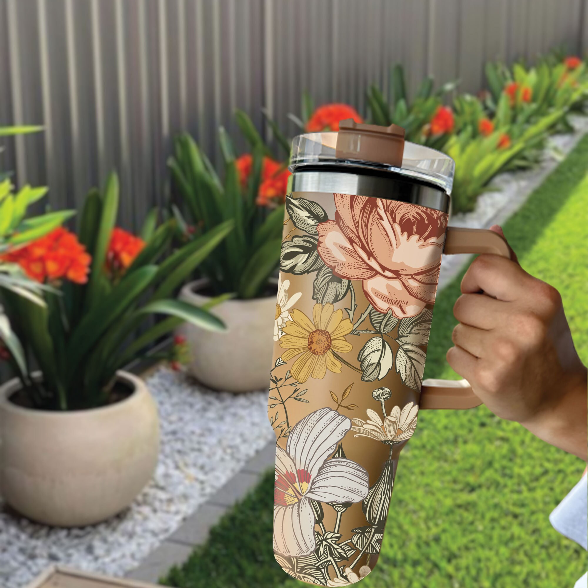 Boho Floral 40oz Insulated Tumbler with Lid & Straw - Customized Spring Water Bottle for Outdoor Adventures