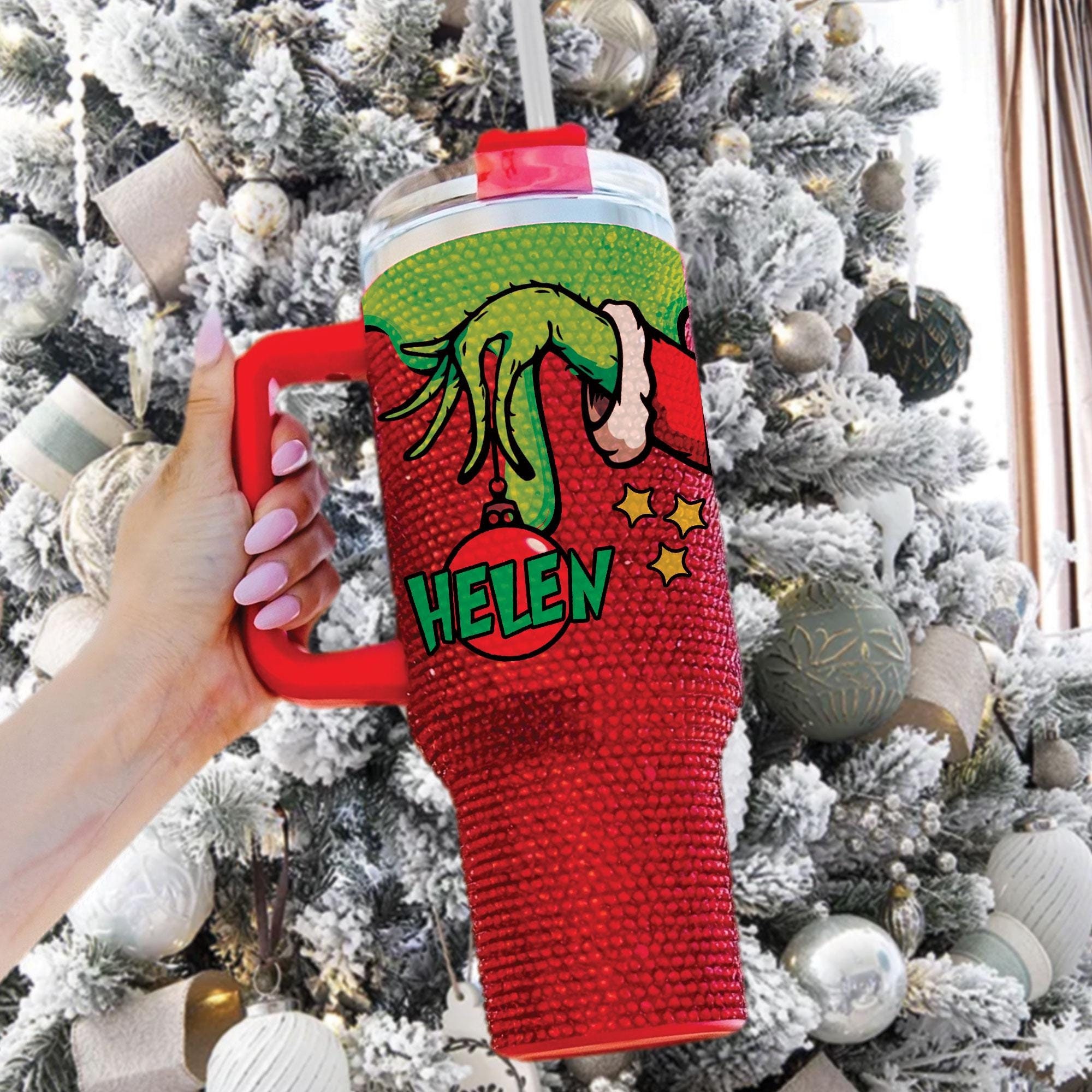 Christmas Grnchmas Rhinestone Tumbler, Personalized Grnch Hand Christmas Tumbler, Custom Name Bling Tumbler, Merry Grnchmas Studded Cup