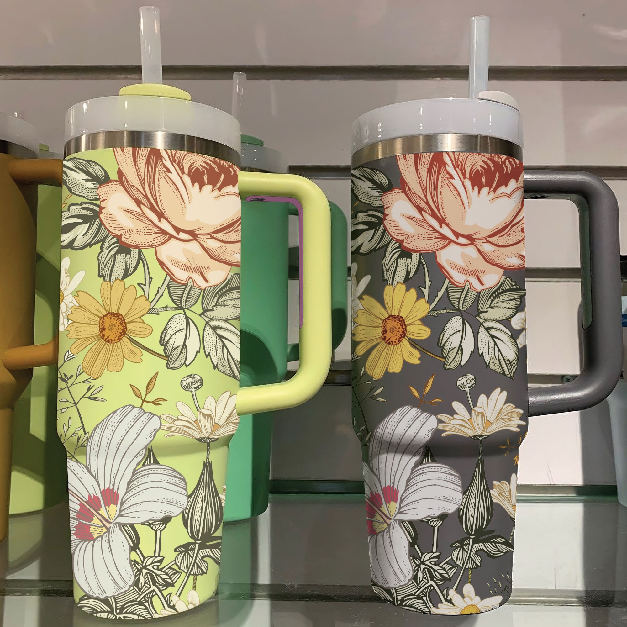 Boho Floral 40oz Insulated Tumbler with Lid & Straw - Customized Spring Water Bottle for Outdoor Adventures