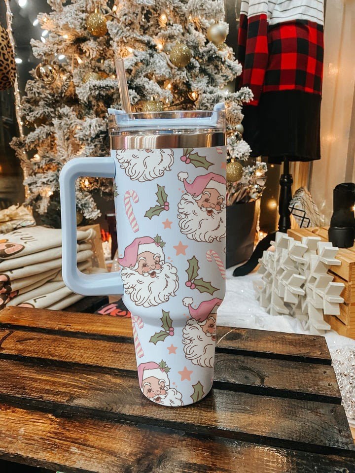 Christmas Pink Santa Claus 40oz Tumbler, Retro Santa Christmas Tumbler, Christmas Family Trip Tumbler, Stainless Steel Tumbler with Straw