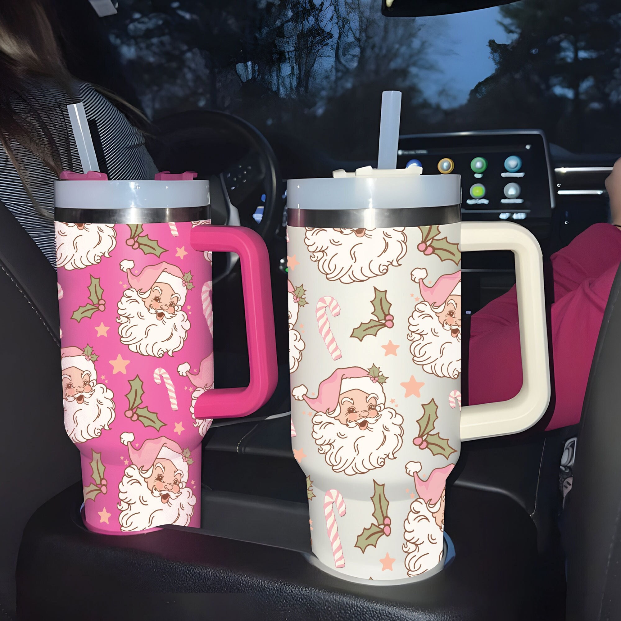 Christmas Pink Santa Claus 40oz Tumbler, Retro Santa Christmas Tumbler, Christmas Family Trip Tumbler, Stainless Steel Tumbler with Straw