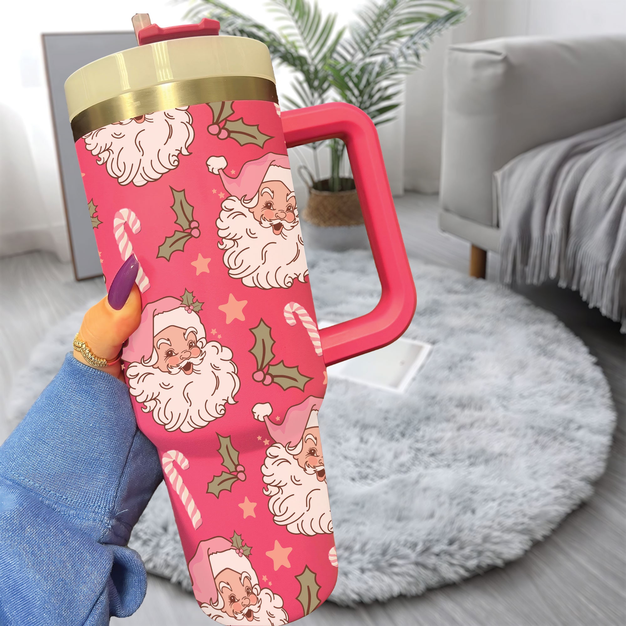 Christmas Pink Santa Claus 40oz Tumbler, Retro Santa Christmas Tumbler, Christmas Family Trip Tumbler, Stainless Steel Tumbler with Straw