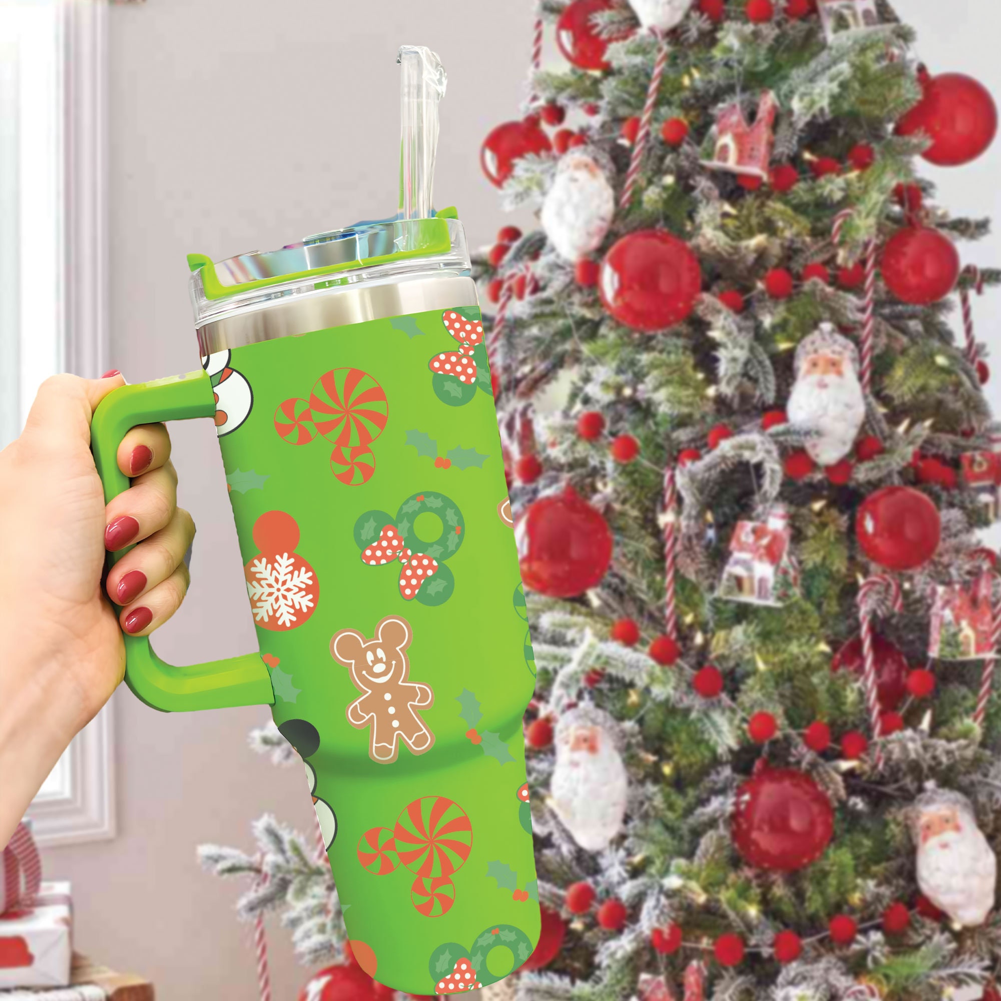 Christmas 40 Oz Tumbler With Handle, Red or Green Tumbler