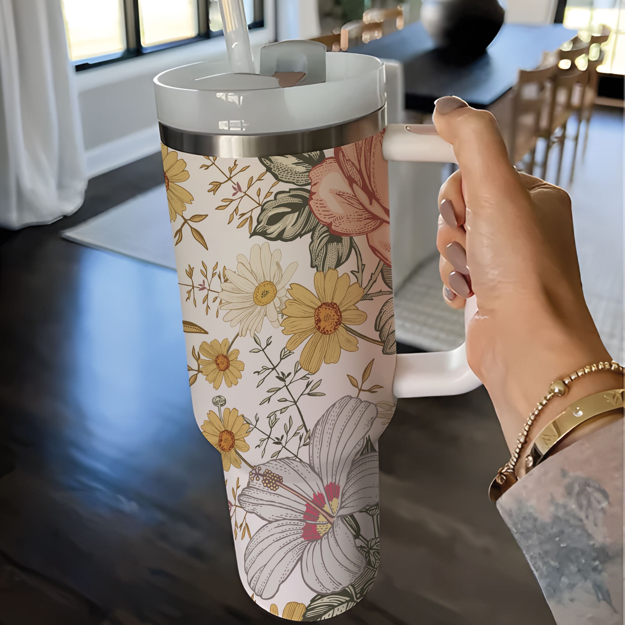 Boho Floral 40oz Insulated Tumbler with Lid & Straw - Customized Spring Water Bottle for Outdoor Adventures