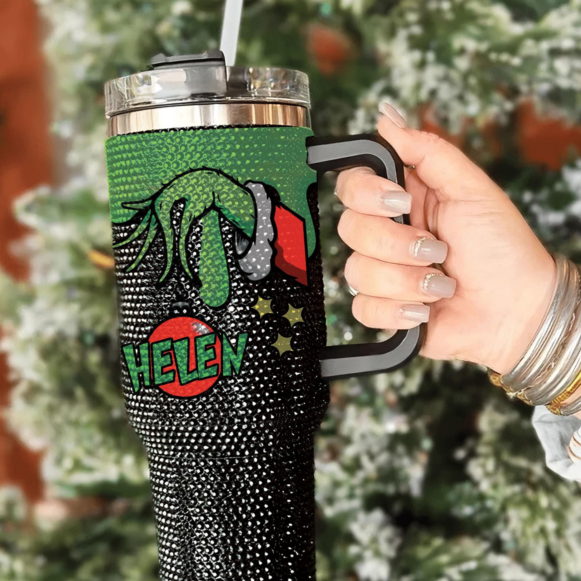 Christmas Grnchmas Rhinestone Tumbler, Personalized Grnch Hand Christmas Tumbler, Custom Name Bling Tumbler, Merry Grnchmas Studded Cup