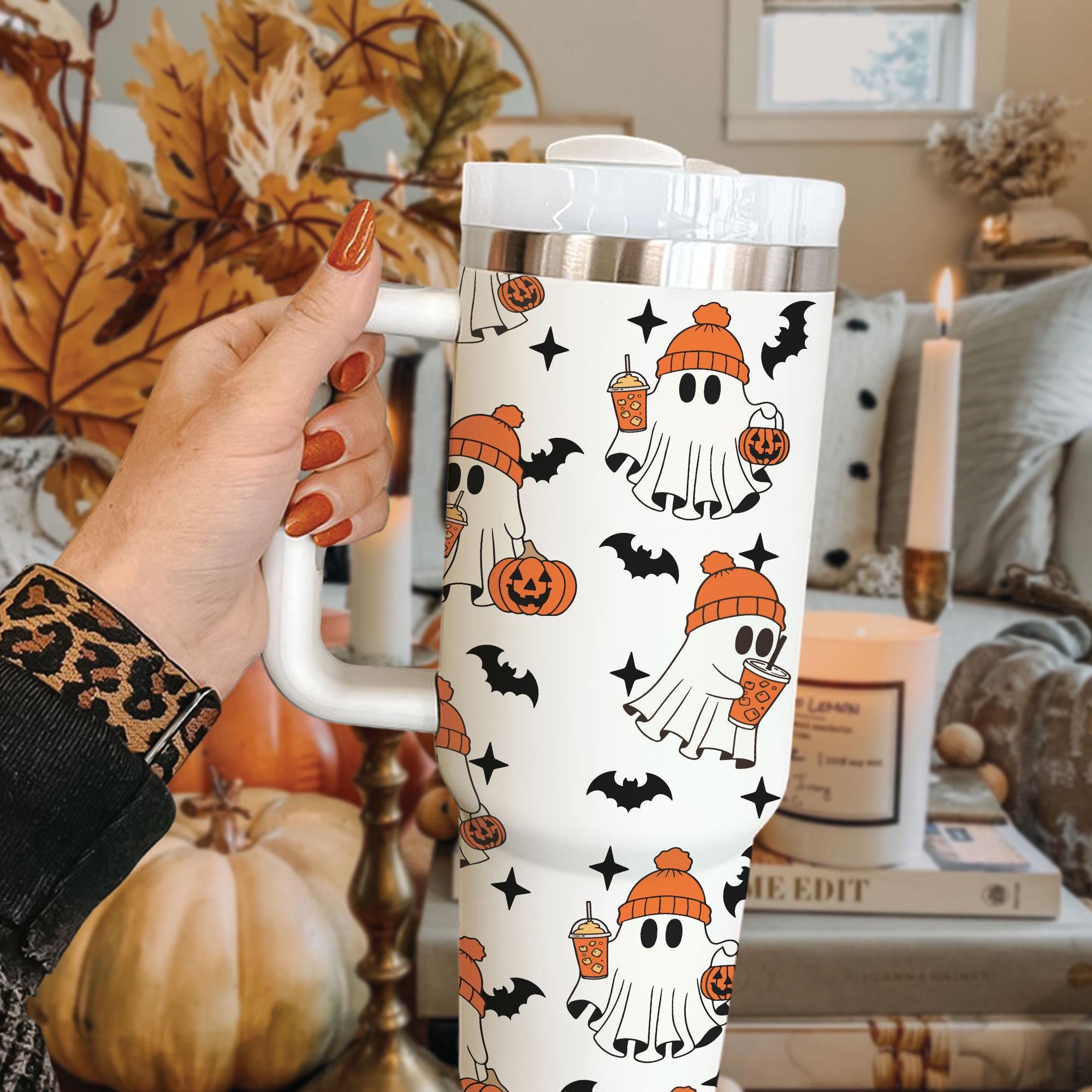 Gobelet de 30 oz/40 oz fantôme mignon Halloween, café glacé effrayant en acier inoxydable, tasse isotherme Halloween fan de café amateur