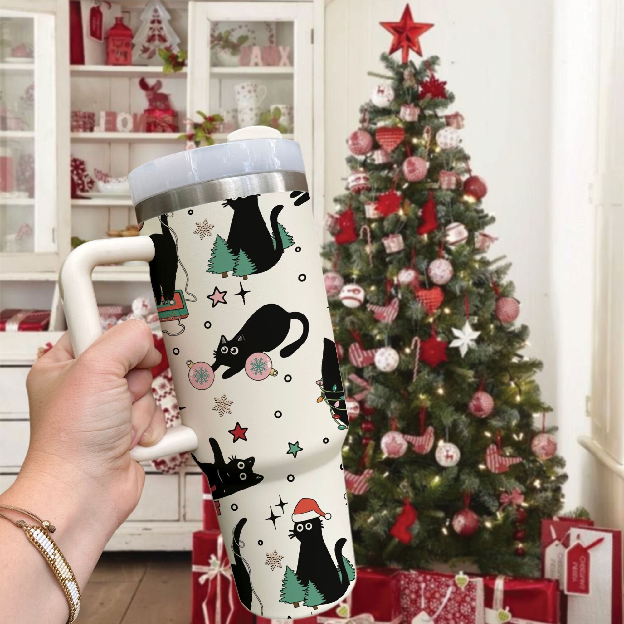 Weihnachten schwarze Katze 40 Unzen Becher, lustige Katzen Weihnachtsbecher, Weihnachtskatze Mama Becher, Edelstahl Becher mit Stroh