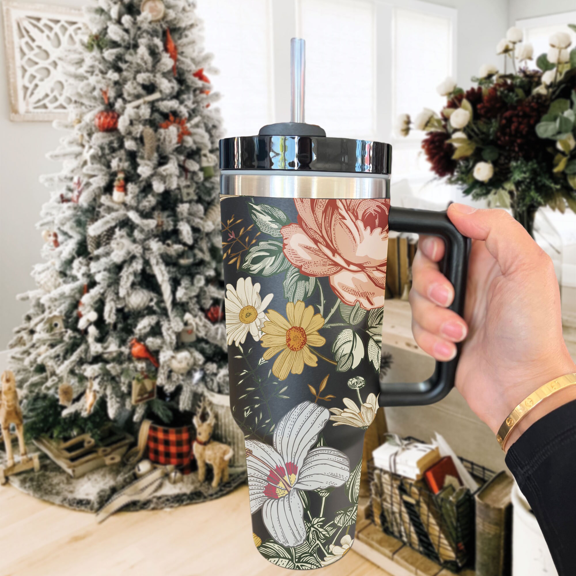 Boho Floral 40oz Insulated Tumbler with Lid & Straw - Customized Spring Water Bottle for Outdoor Adventures