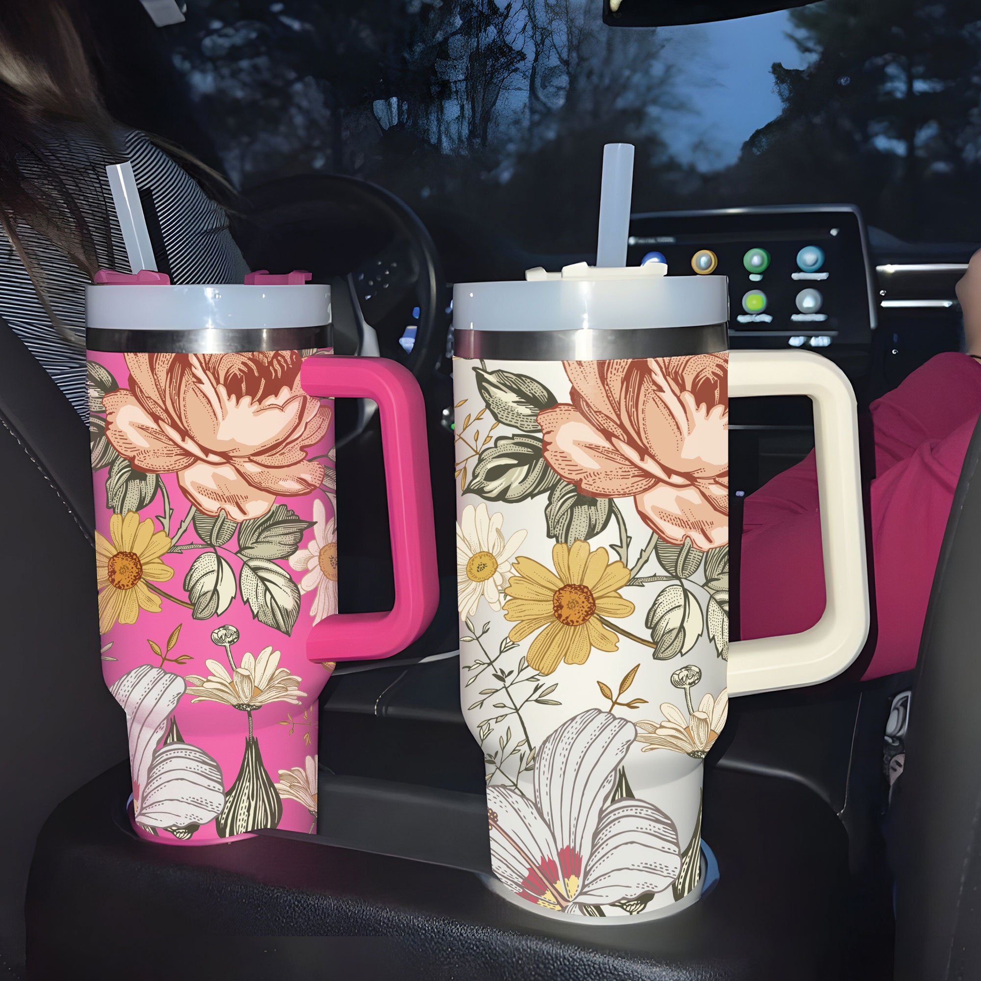 Boho Floral 40oz Insulated Tumbler with Lid & Straw - Customized Spring Water Bottle for Outdoor Adventures