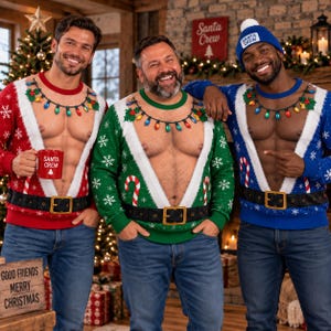 May include: Three long-sleeve jumpers featuring a deep V-neck cutout that exposes the chest. The jumpers are red, green, and blue, each decorated with a printed black belt, candy canes, snowflakes, and a string of colourful Christmas lights.