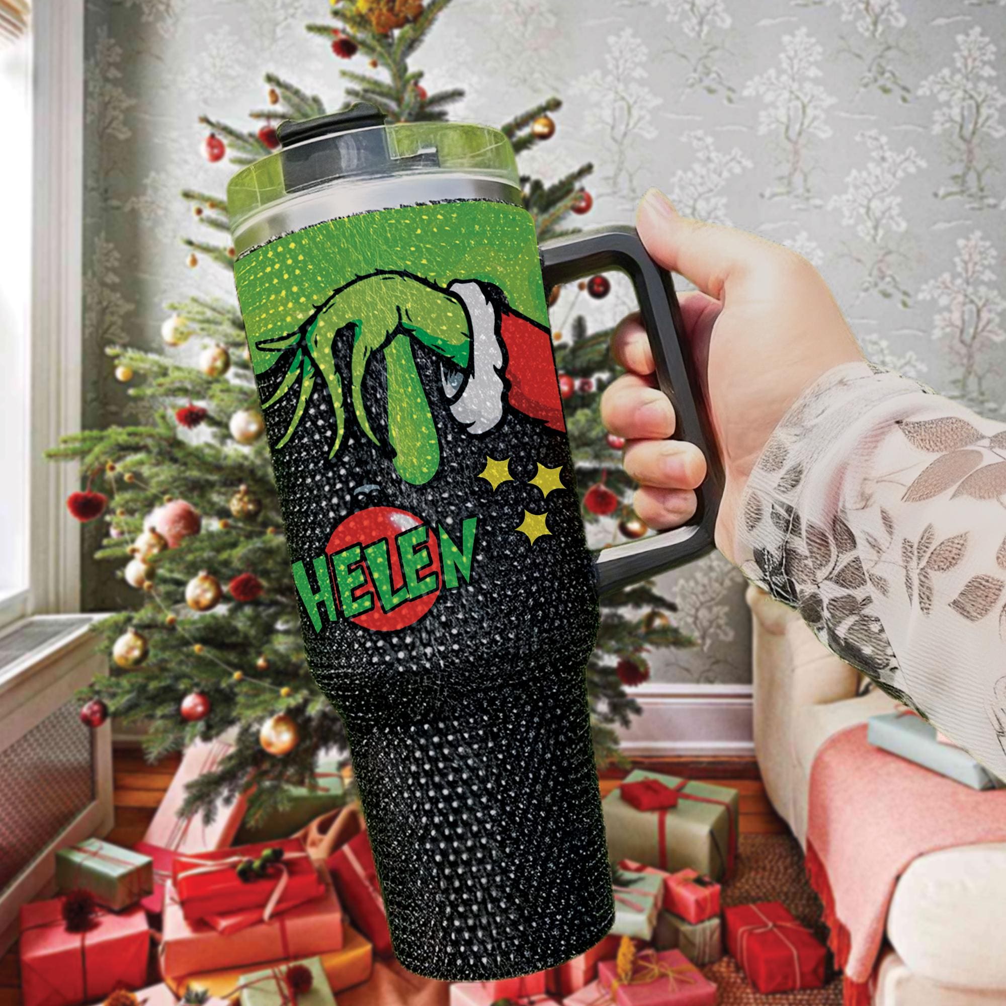 Christmas Grnchmas Rhinestone Tumbler, Personalized Grnch Hand Christmas Tumbler, Custom Name Bling Tumbler, Merry Grnchmas Studded Cup