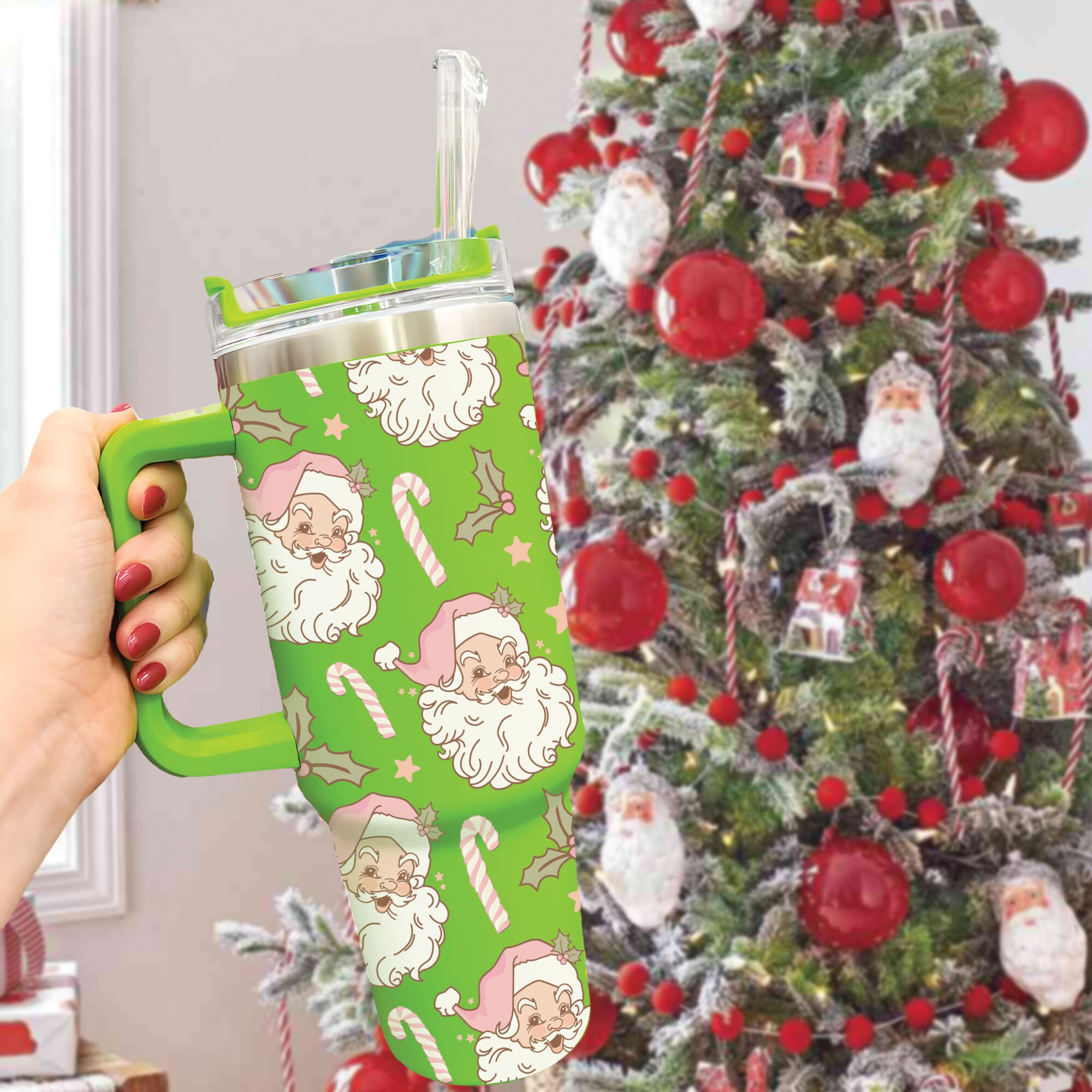 Christmas Pink Santa Claus 40oz Tumbler, Retro Santa Christmas Tumbler, Christmas Family Trip Tumbler, Stainless Steel Tumbler with Straw
