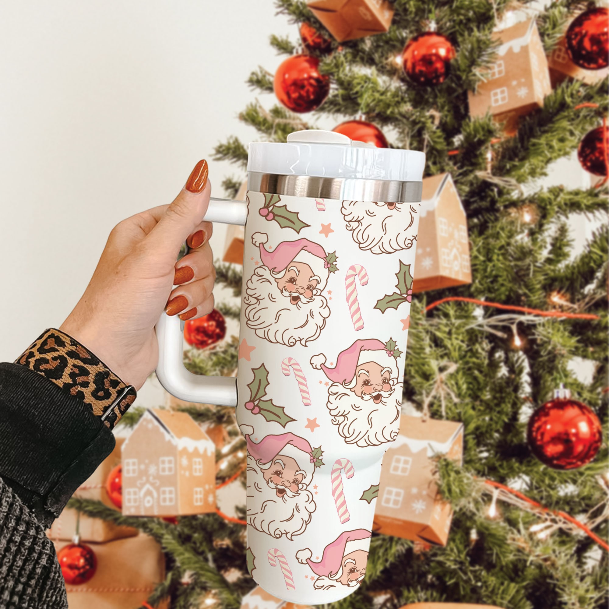 Christmas Pink Santa Claus 40oz Tumbler, Retro Santa Christmas Tumbler, Christmas Family Trip Tumbler, Stainless Steel Tumbler with Straw