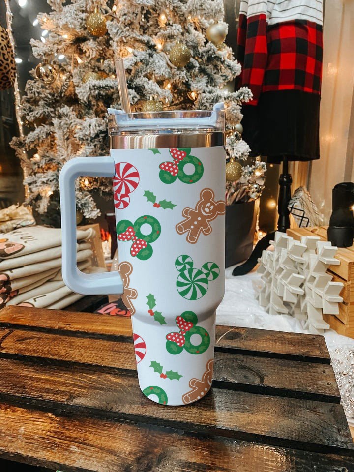Christmas Mouse and Friends 40oz Tumbler, Gingerbread Christmas Tumbler, Christmas Family Trip Tumbler, Stainless Steel Tumbler with Straw