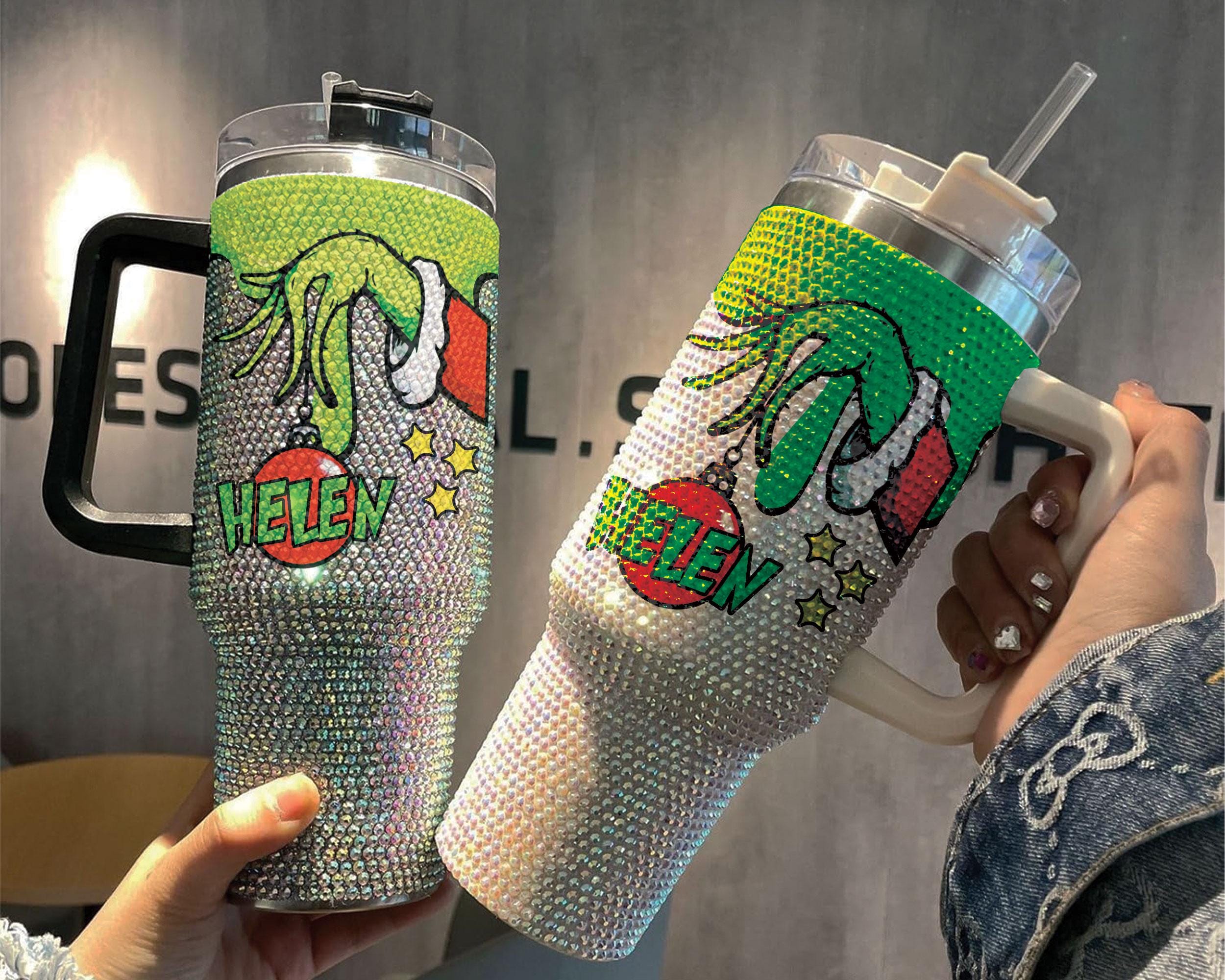 Christmas Grnchmas Rhinestone Tumbler, Personalized Grnch Hand Christmas Tumbler, Custom Name Bling Tumbler, Merry Grnchmas Studded Cup