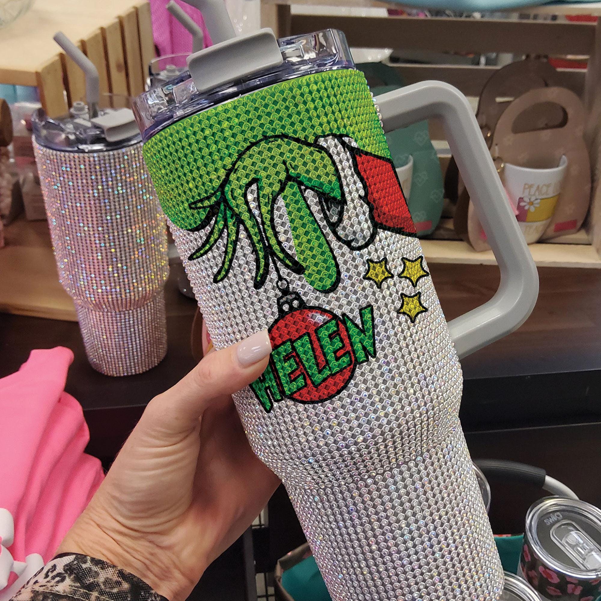 Christmas Grnchmas Rhinestone Tumbler, Personalized Grnch Hand Christmas Tumbler, Custom Name Bling Tumbler, Merry Grnchmas Studded Cup