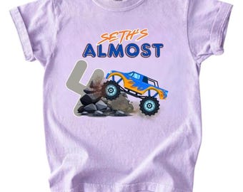 Camiseta de cumpleaños para niño de casi 4 años, camiseta de cumpleaños de camión monstruo, camiseta personalizada de 4º cumpleaños, conjunto de cumpleaños de camión, camiseta de cumpleaños para niños