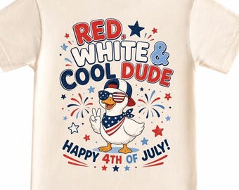 Red White and Cool Dude Shirt, 4th of July Boy Shirt, Patriotic Duck Shirt Kids, Toddler Independence Day Tee, Funny July 4 Outfit